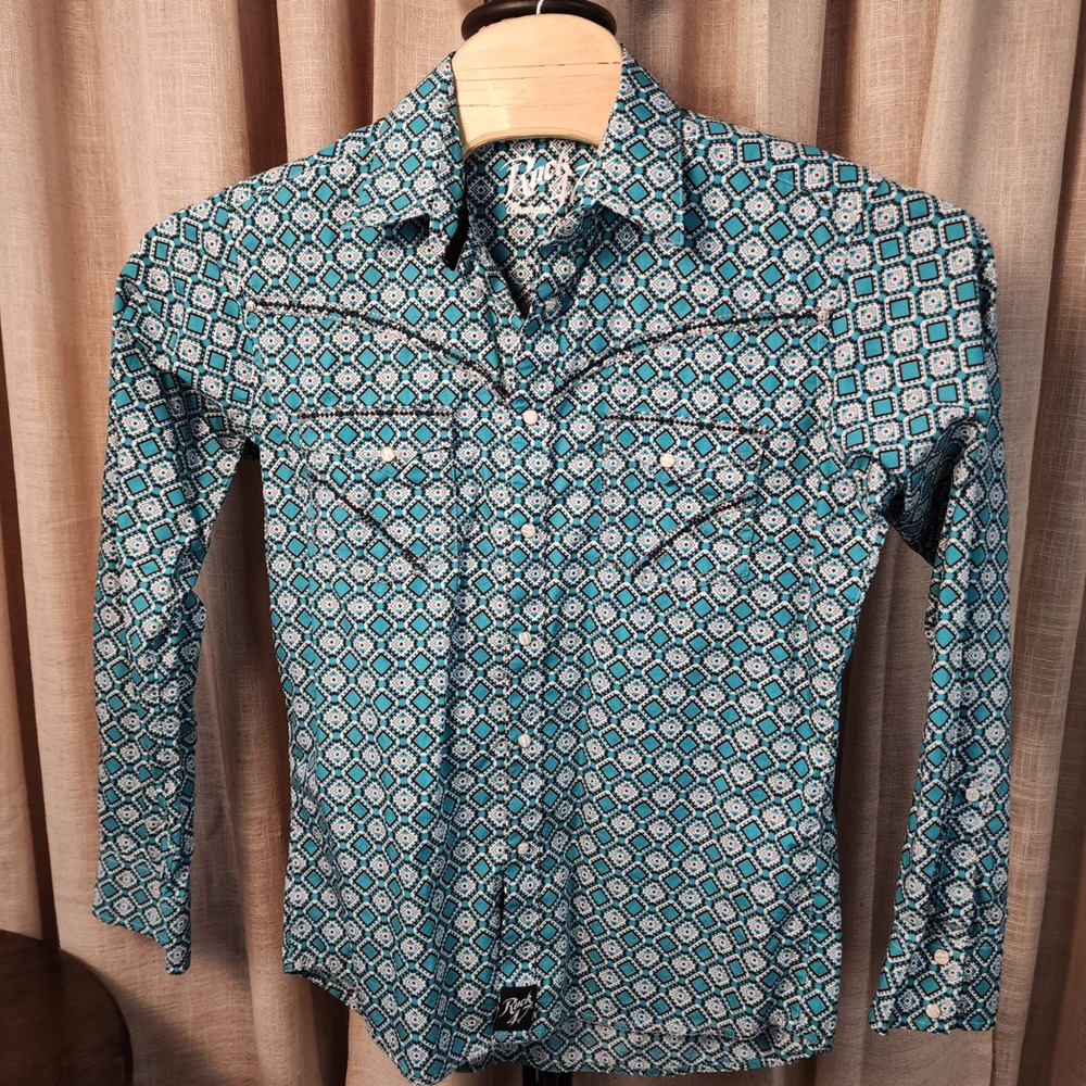 Rock 47 by Wrangler Mens M Turquoise Geometric Diamond Pearl Snap Western Shirt